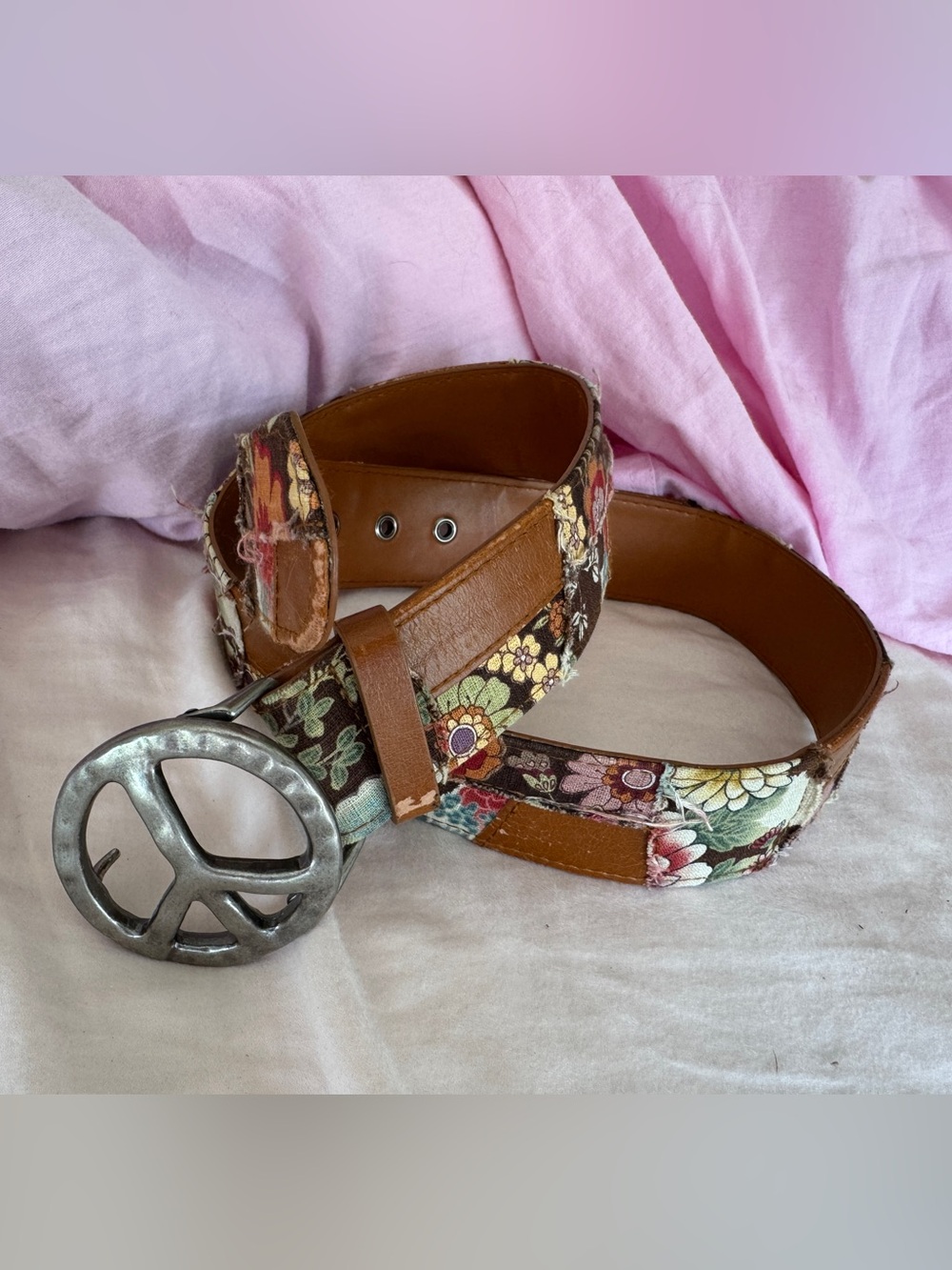 Floral Peace Sign buckle Women's Belt in Brown and Multicolor